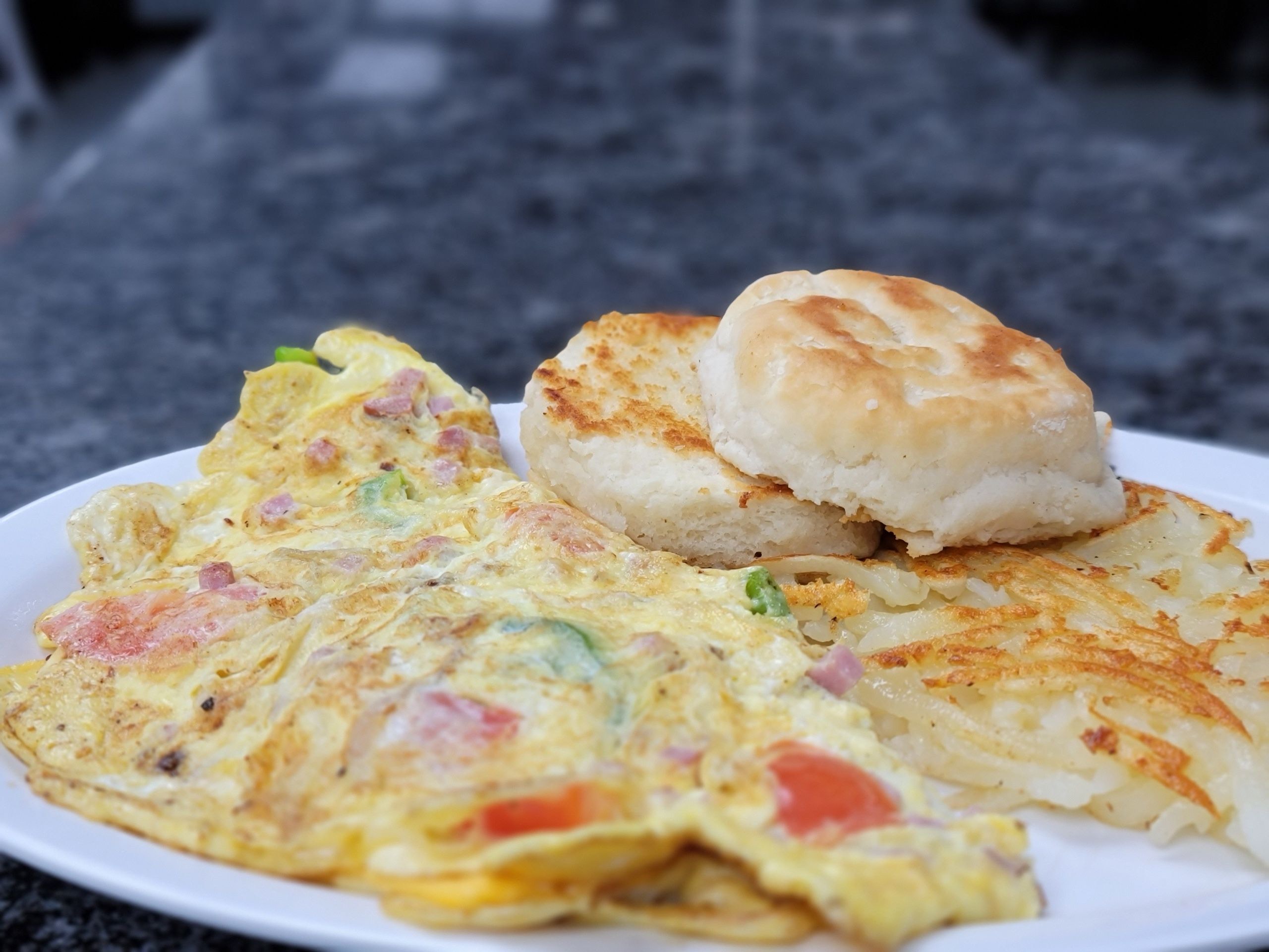 Breakfast Omelet with Biscuits and Hashbrowns